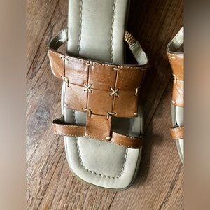 Brown leather block heels sandals, size 9 M, man made sole